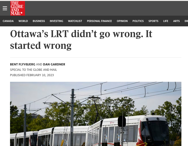 Screen capture of a Globe and Mail headline reading: Ottawa LRT didn't go wrong. It started wrong.